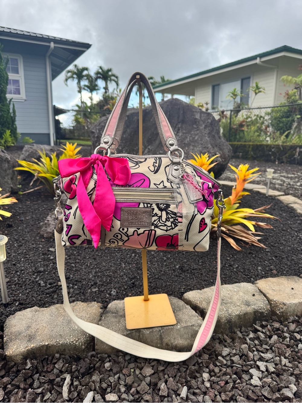 Coach Poppy Glam Floral Graffiti Satchel Crossbody Bag Pink Silver K1077-16308